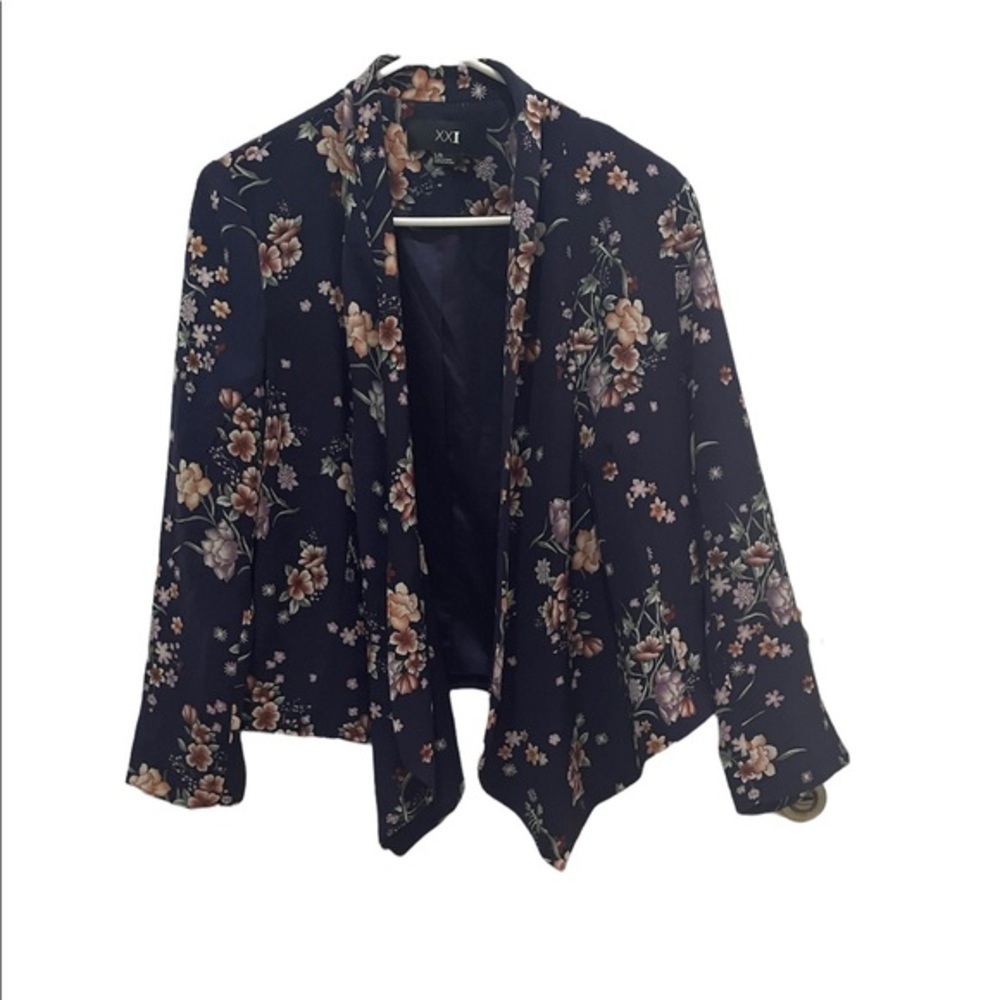 Forever 21 XXI Navy Blue Floral Draped Open Front Blazer Jacket Large
